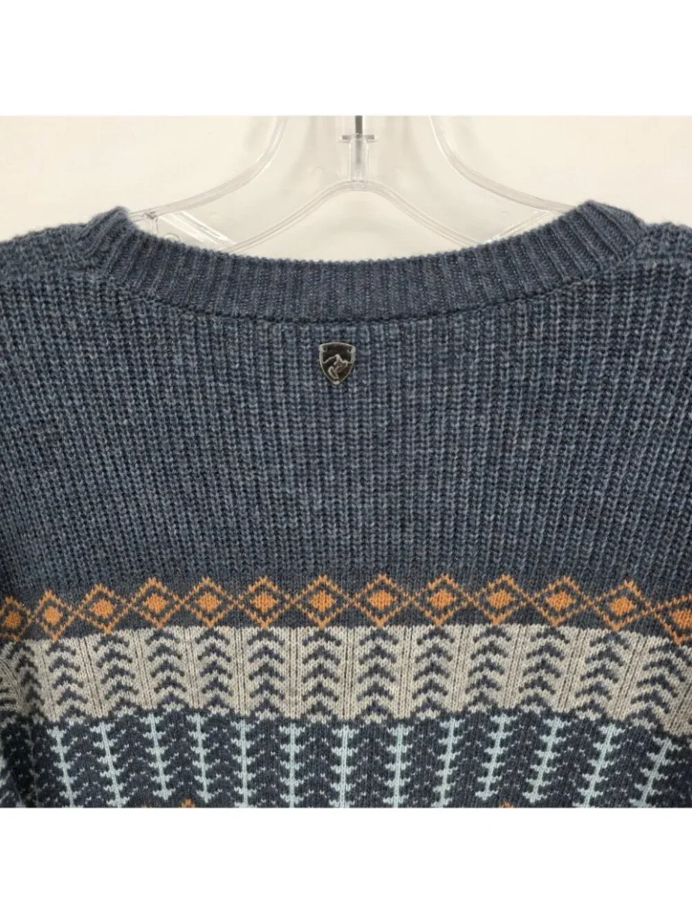 Kuhl Sweater Mens Large Blue Fair Isle Merino Wool Blend Knit Pullover Nordic